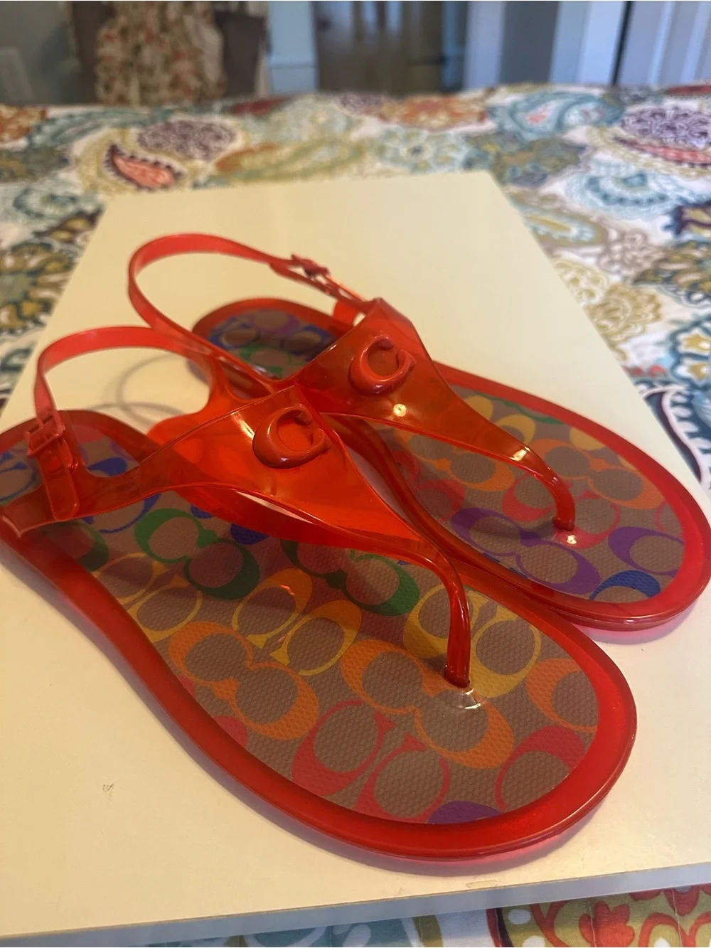 Coach Red Jelly Thong Sandals with Multi Color Signature C Footbed Sz 10